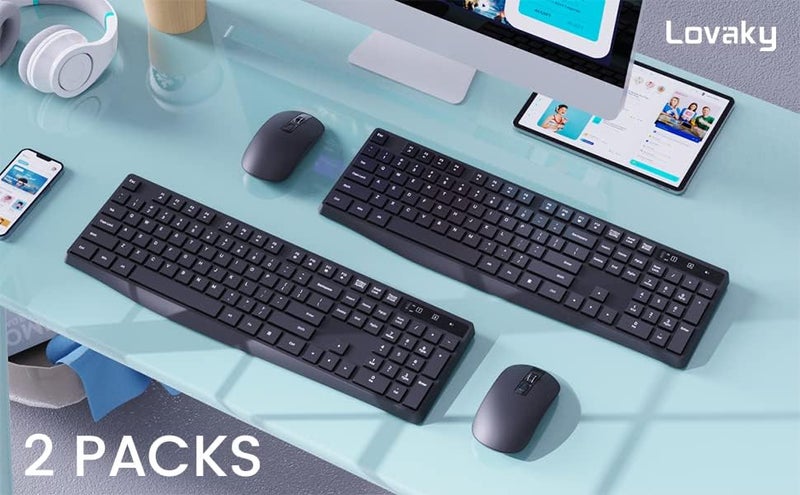 Lovaky Wireless Keyboard and Mouse Combo, 2.4G Full-Sized Ergonomic Keyboard, 3 DPI Adjustable Cordless USB Mouse, Quiet Click for Computer/Laptop/Windows/Mac (2 Pack, Black) - Image 2